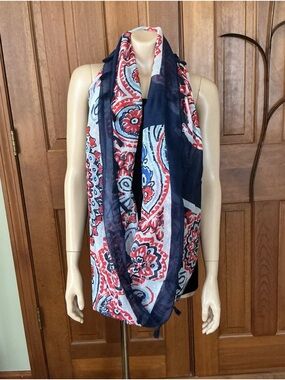 Lightweight Navy and Red Paisley Infinity Scarf with tassels- Women Accessories